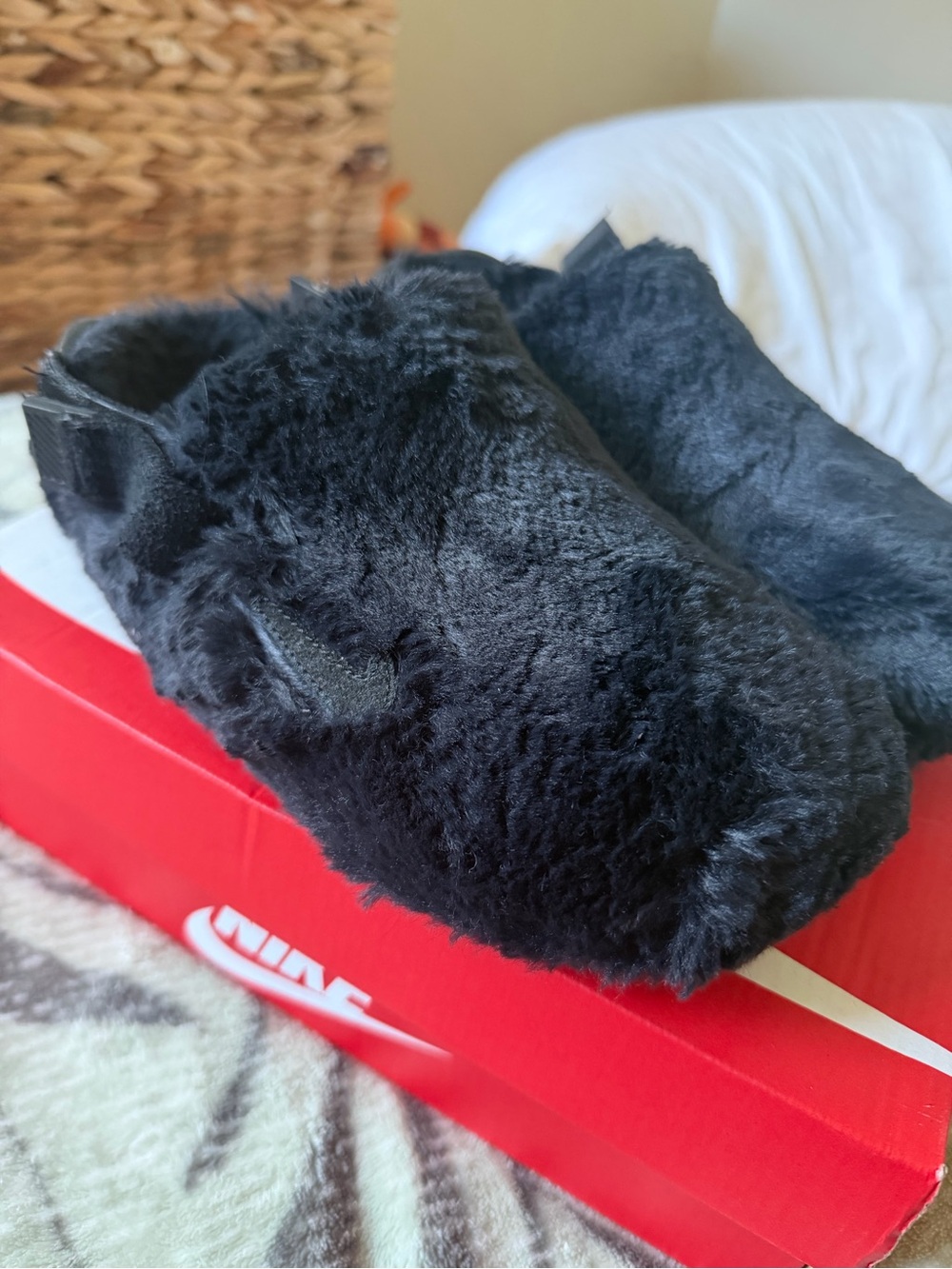 Nike Kids Black Fuzzy Slip-On Slippers